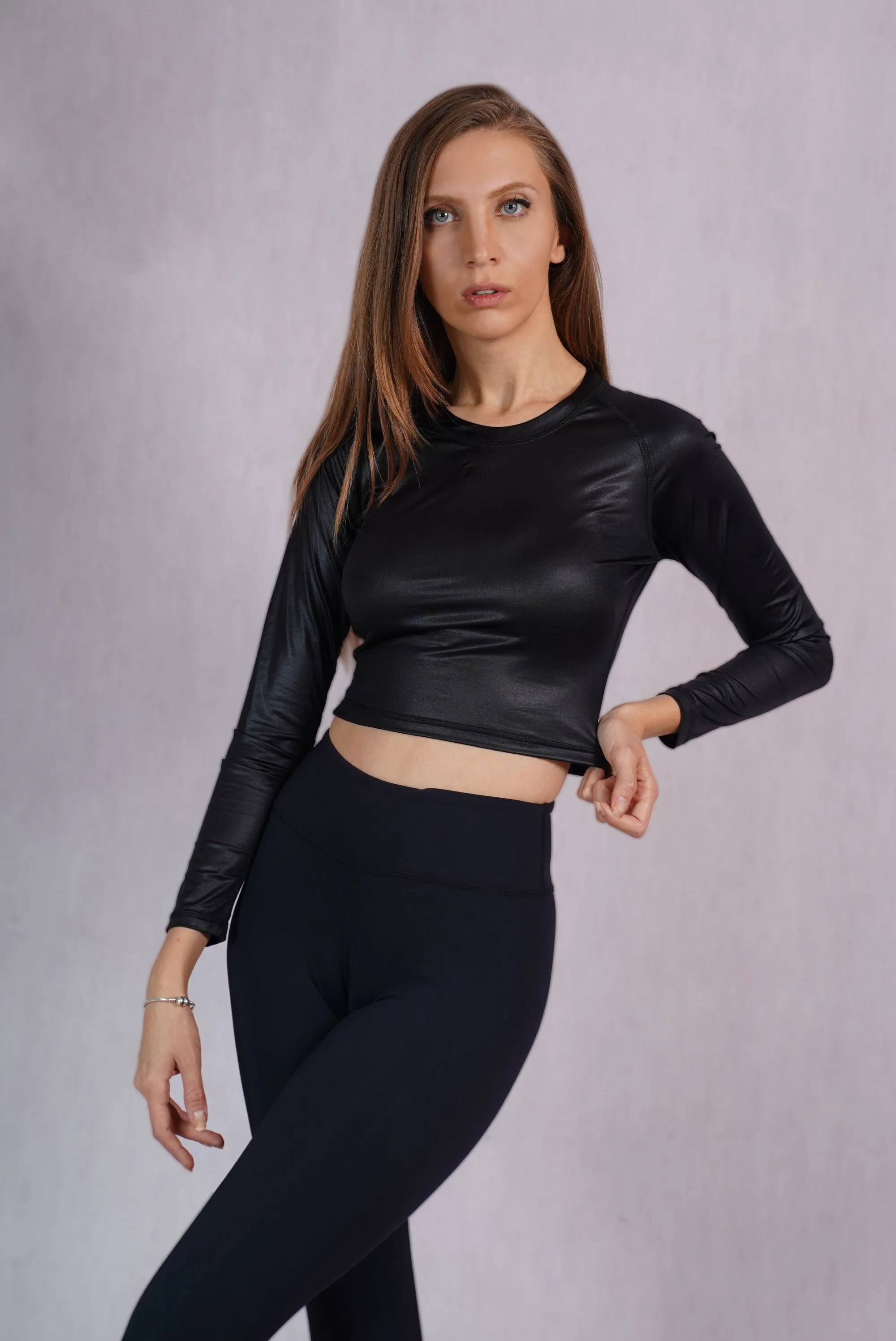 Glossy Black Slim Fit Crop Top -  C142015