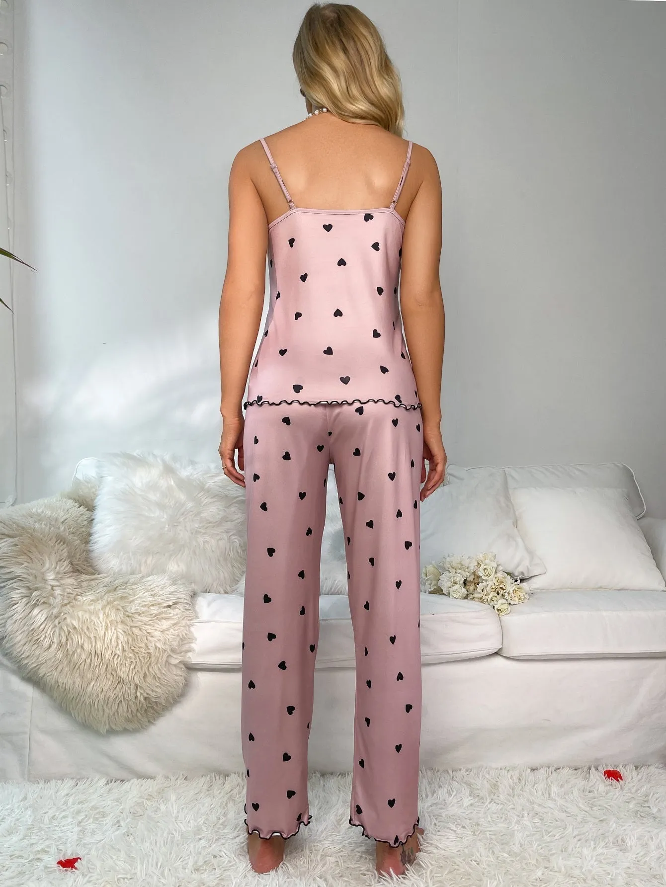 Heart Print Contrast Lace Bow Front Cami PJ Set