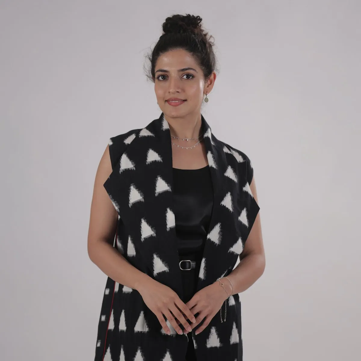 Monochrome Handprinted Ikat Sleeveless Overlay