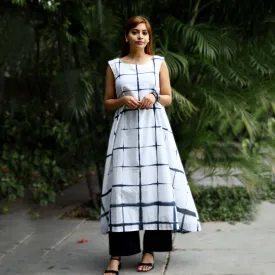 Off White Cotton Hand Dyed Chequered Dress