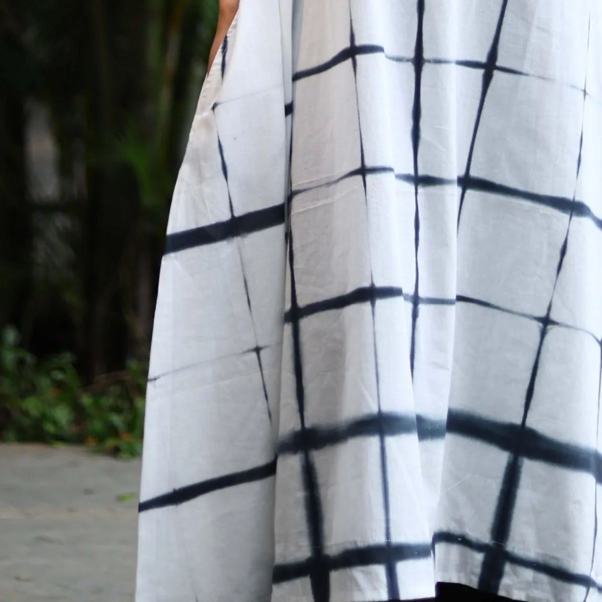 Off White Cotton Hand Dyed Chequered Dress