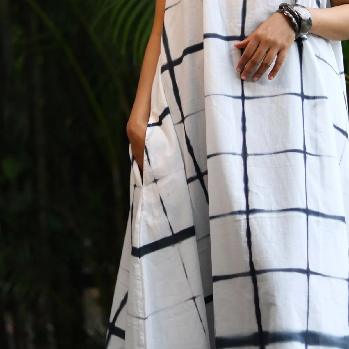 Off White Cotton Hand Dyed Chequered Dress