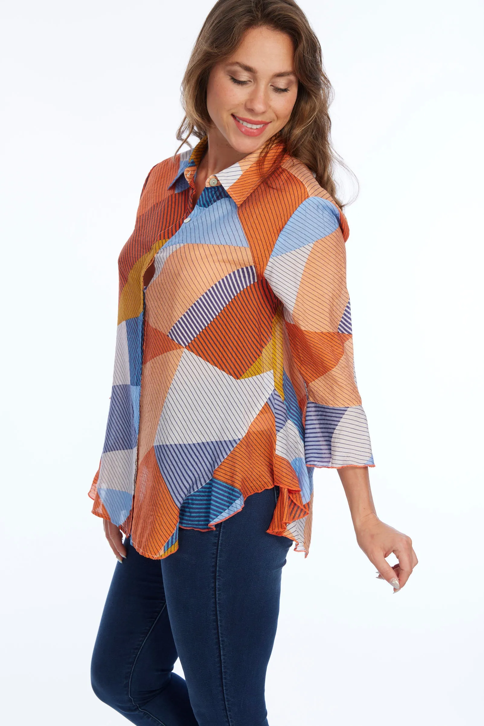 Orange Mutli Lightweight Flowy Blouse Happy | LIOR