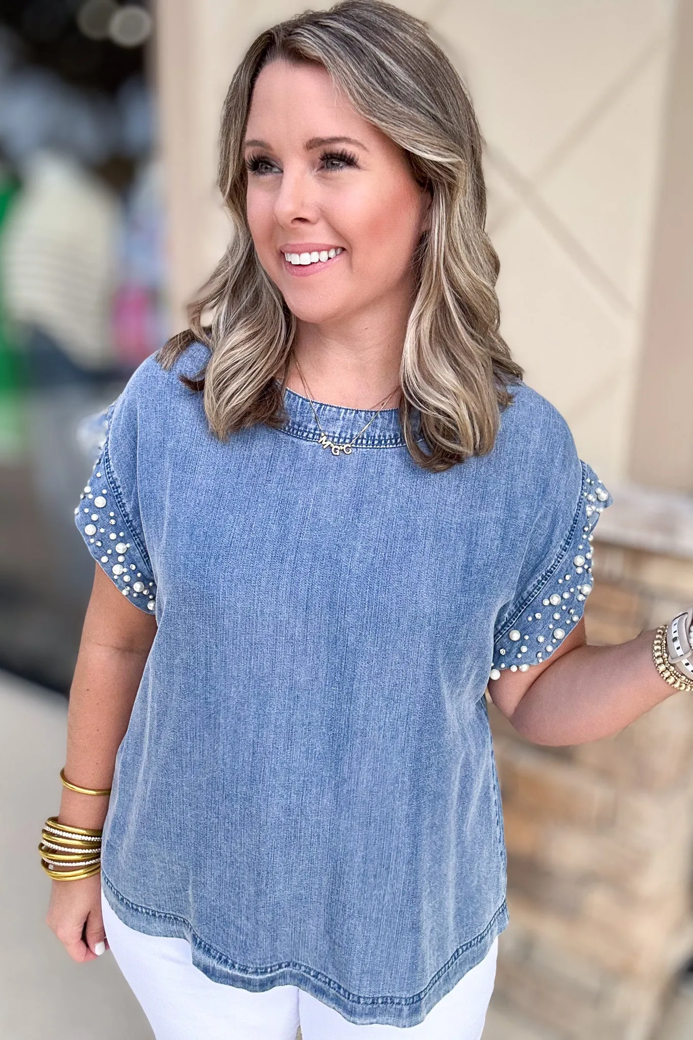 Pearl Time Chambray Top - Light Blue