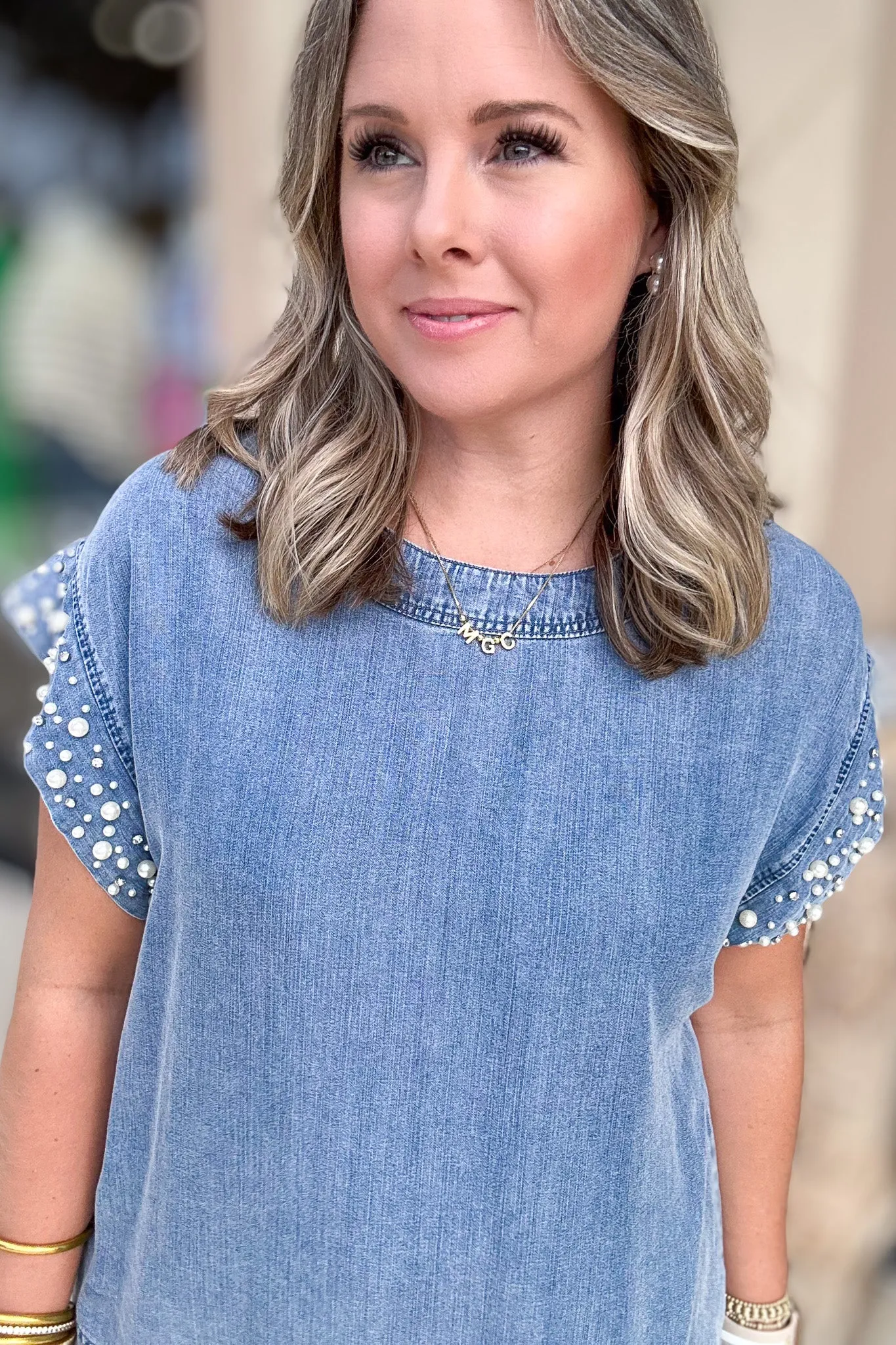 Pearl Time Chambray Top - Light Blue