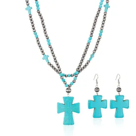 Rustic Couture's® Beaded Layered Turquoise Cross Necklace Earrings Set