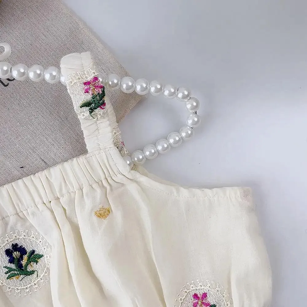 White Embroidered Crop Top and Skirt Set for Girls