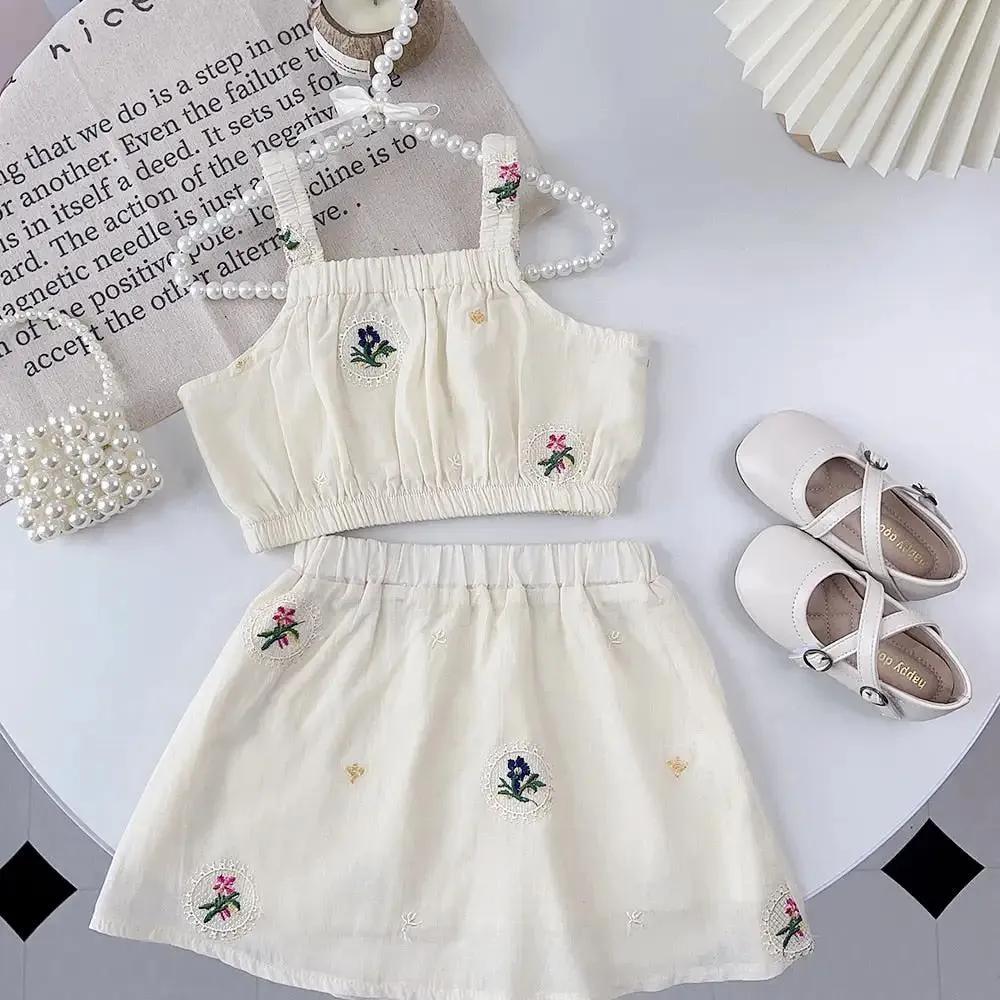 White Embroidered Crop Top and Skirt Set for Girls