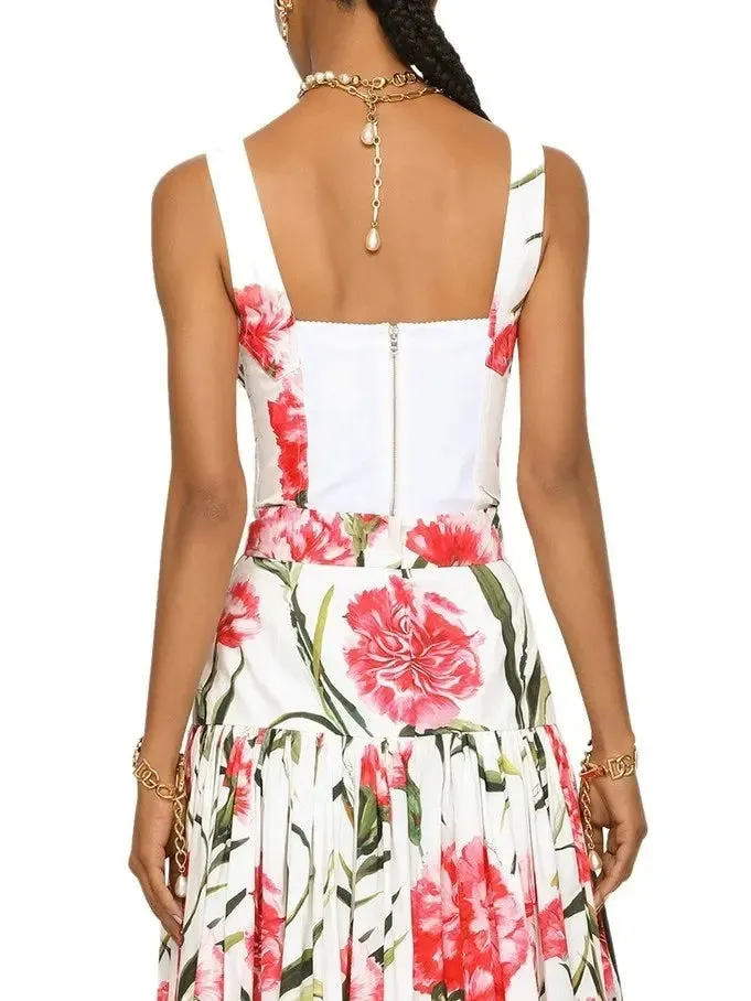 Women’s Carnation-Print Poplin Corset Top and Skirt Set