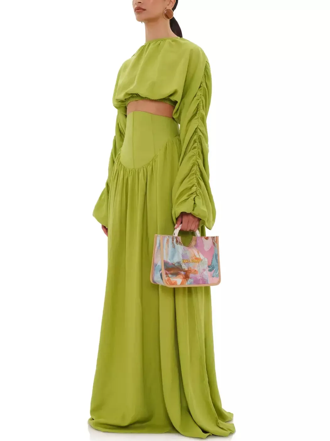 Women’s Cropped Ruched Top with long Matching Corset Skirt Set in Green